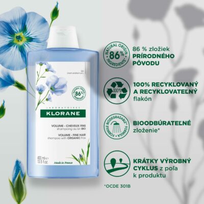 KLORANE Šampón s BIO ľanom, pre jemné vlasy bez objemu 400 ml – Obrázok 2