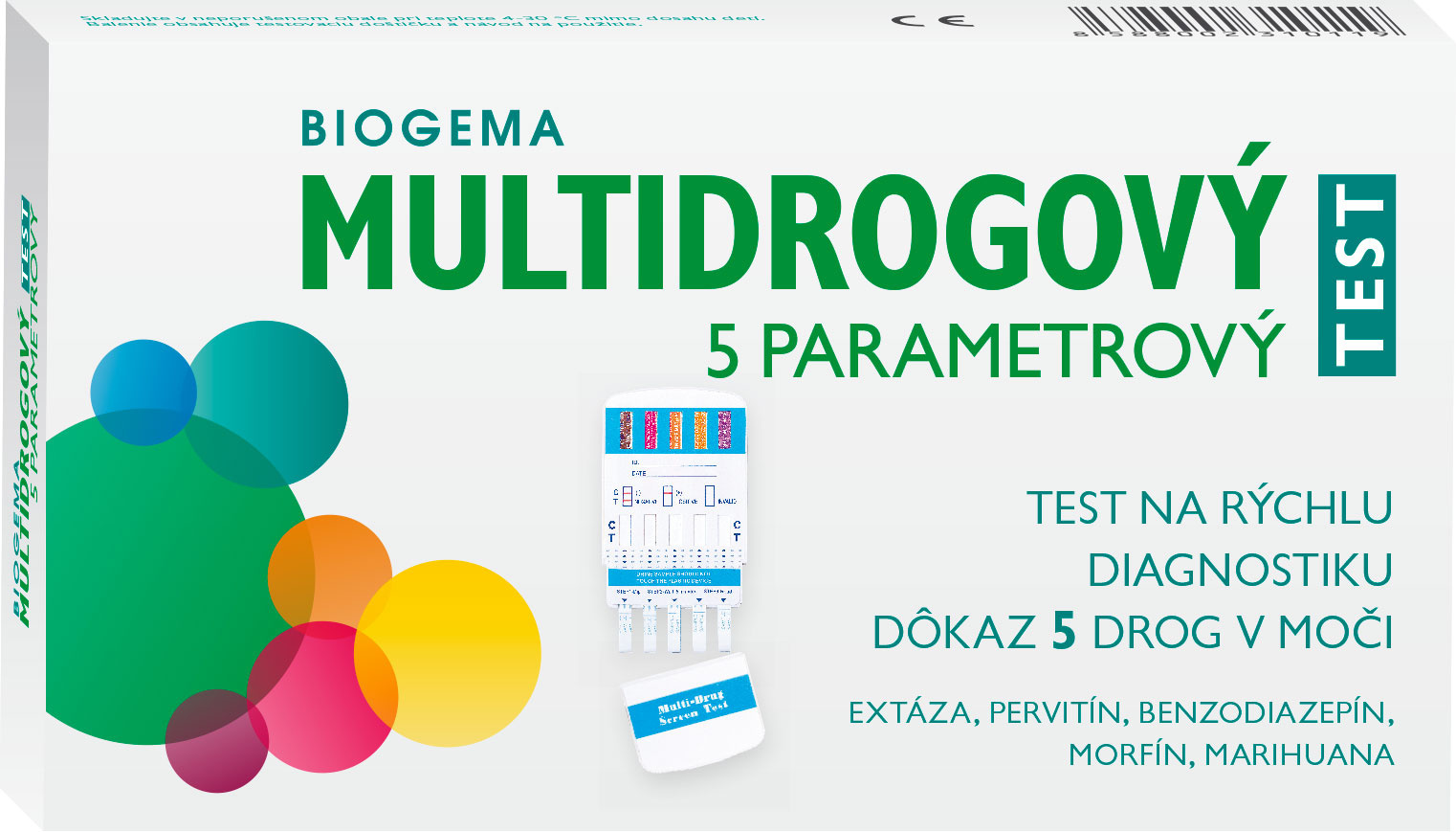 BIOGEMA Multidrogový 5 parametrový test na morfín, marihuanu, pervitín, extázu a benzodiazepíny v moči 1 ks – Obrázok 1