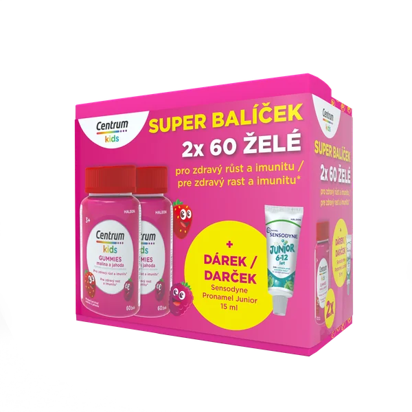 Centrum kids GUMMIES malina a jahoda želé 2 x 60 ks + darček: zubná pasta – Obrázok 1